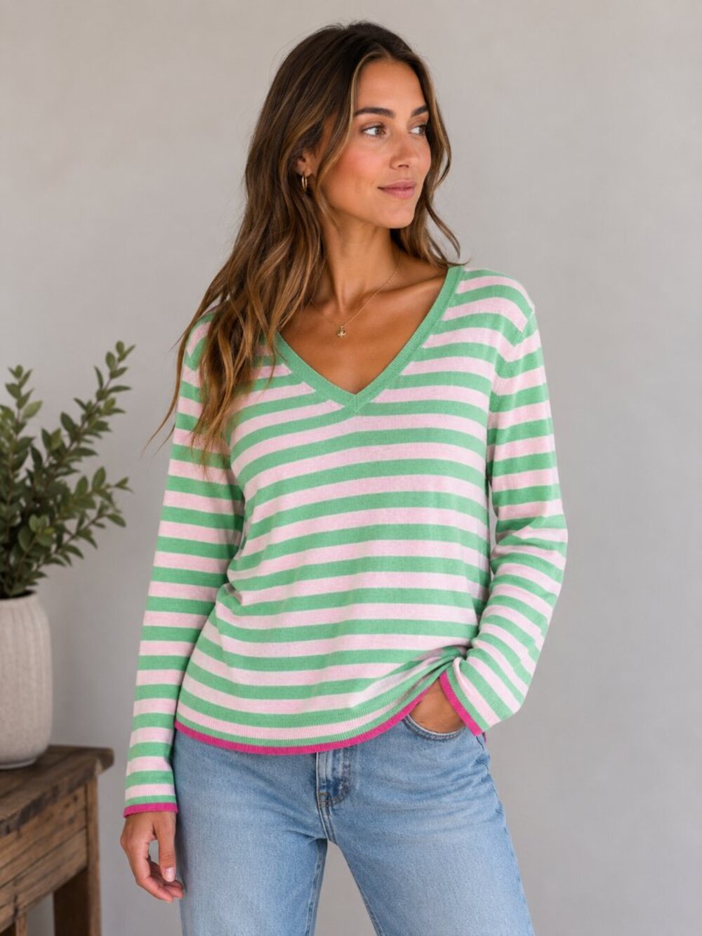 Zaket & Plover $108 Essential Stripe Vee Knit Sweater Green/Pink Women's XS